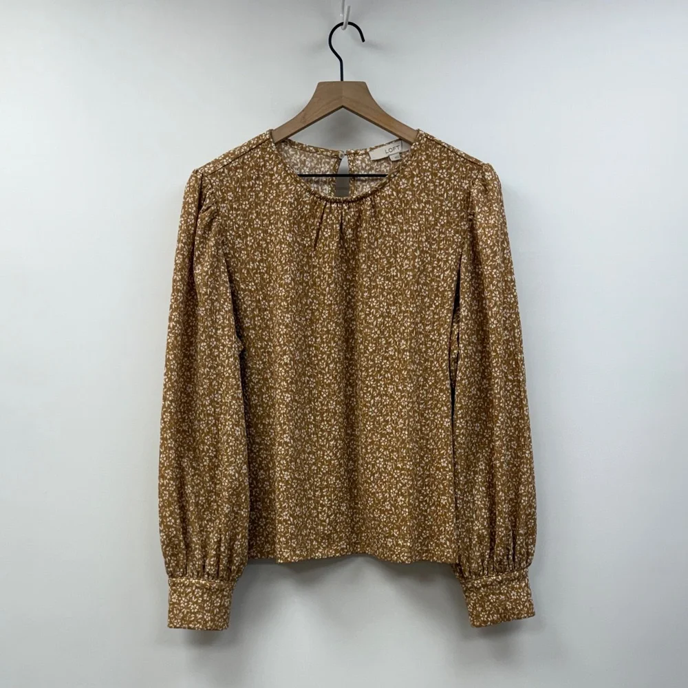Ann Taylor LOFT Floral Woven Gauze Puff Sleeve Peasant Popover Blouse Tan Large